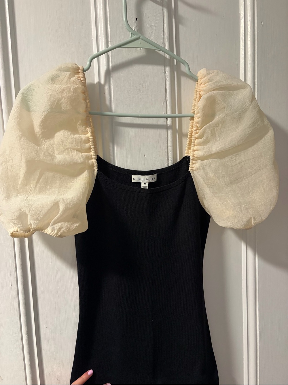 Miou Muse Black Midi Dress with Cream Puff Sleeves